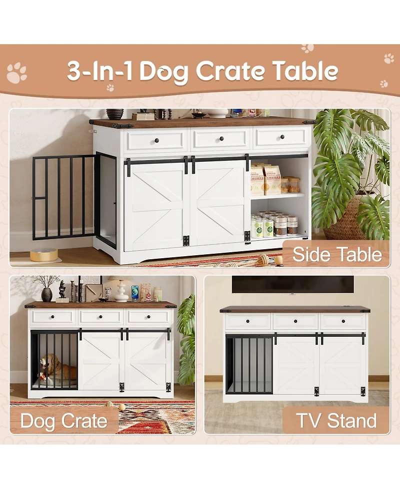 Casainc 55.1" Dog Crate Kennel with 3 Storage Drawers and Sliding Barn Door