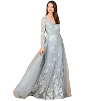 Lara Women's Long Sleeve Lace Gown with Overskirt