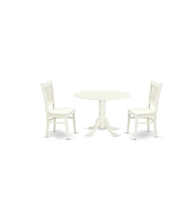 East West Furniture 3-Piece Dining Table Set- 2 Kitchen Chairs with Wooden Seat and Slatted Chair Back - Drop Leaves Dining Table