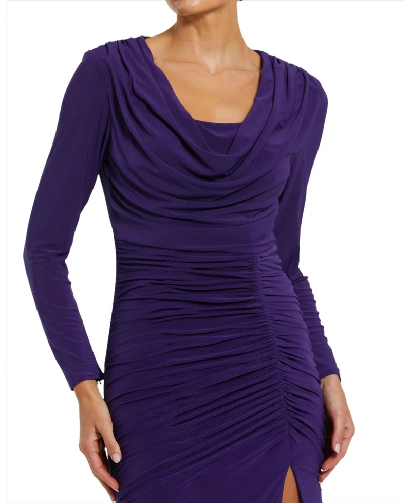 Mac Duggal Women's Long Sleeve Cowl Neck Jersey Gown With Slit