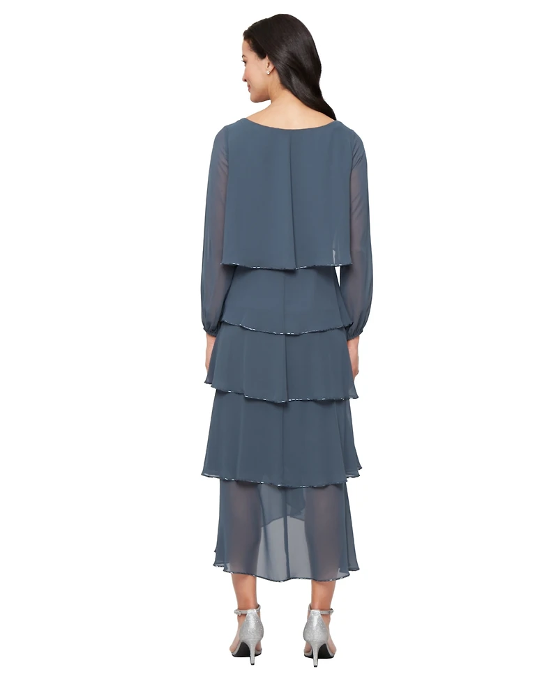 Sl Fashions Women's Tea Length Bugle Beads Tiered Dress