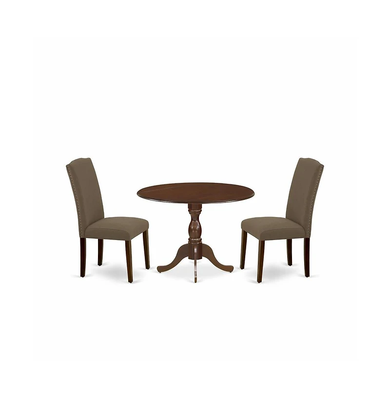 East West Furniture 3 Piece Dining Room Set Includes 1 Drop Leaves Dining Table and 2 Dark Coffee Linen Fabric Upholstered Chair High Back with Nail H