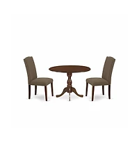 East West Furniture 3 Piece Dining Room Set Includes 1 Drop Leaves Dining Table and 2 Dark Coffee Linen Fabric Upholstered Chair High Back with Nail H