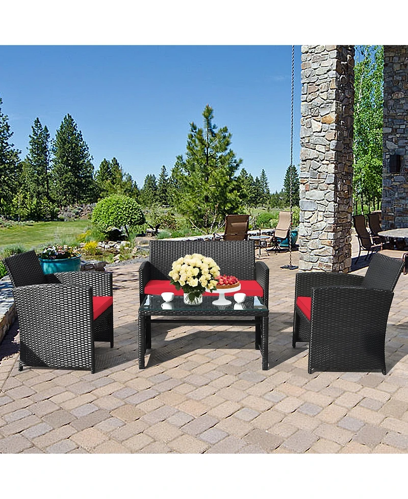 Gymax 4PCS Rattan Outdoor Conversation Set Patio Furniture Set w/ Red Cushions