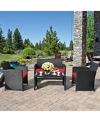 Gymax 4PCS Rattan Outdoor Conversation Set Patio Furniture Set w/ Red Cushions