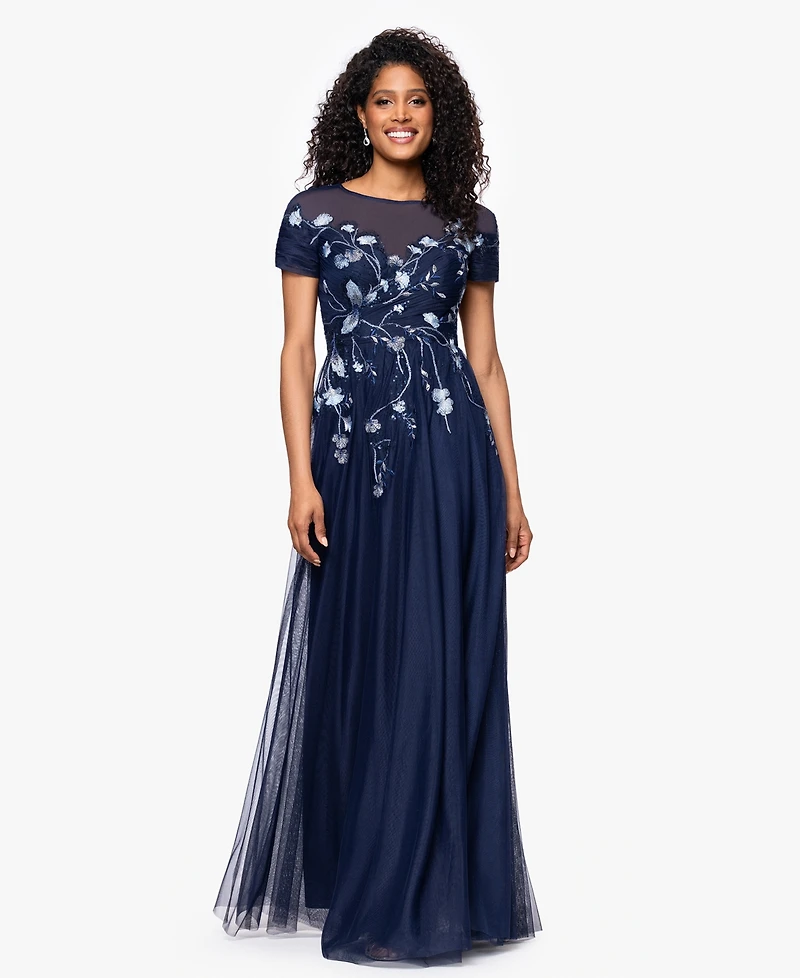 Betsy & Adam Women's Long Mesh Sequin Embroidered Cap Sleeve Dress