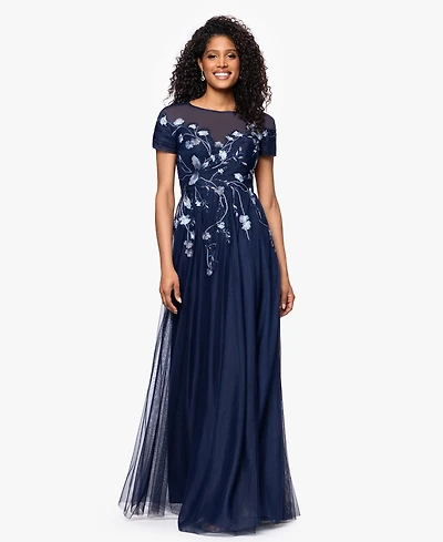 Betsy & Adam Women's Long Mesh Sequin Embroidered Cap Sleeve Dress