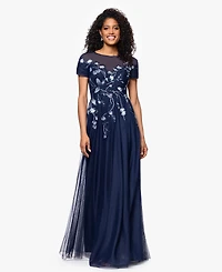Betsy & Adam Women's Long Mesh Sequin Embroidered Cap Sleeve Dress