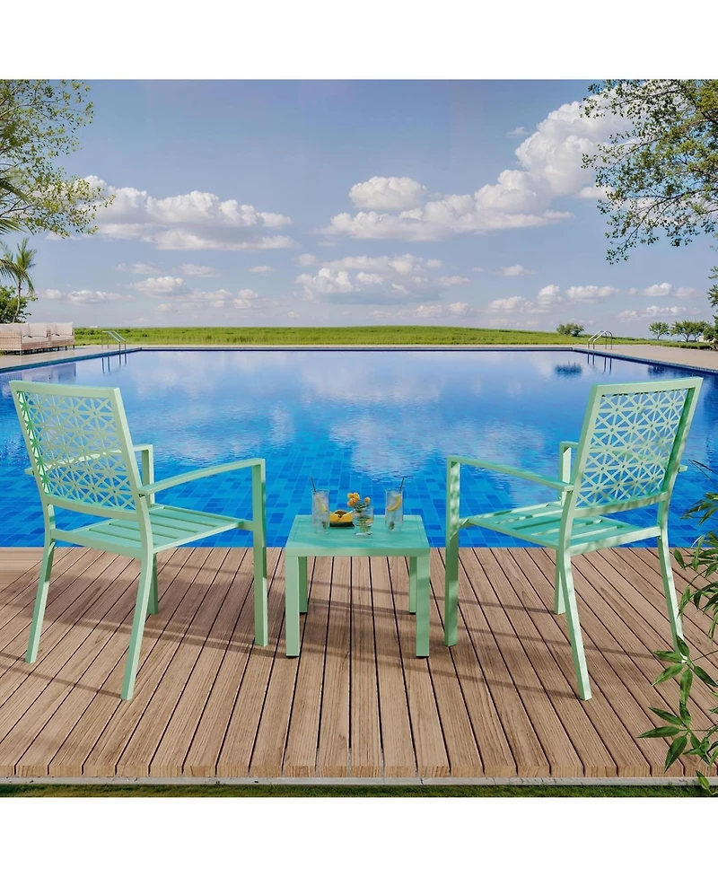 gaomon 3 Pcs Green Patio Bistro Set, Outdoor Stackable Steel Chairs & Square Coffee Table for Balcony, Porch, Garden, Lawn
