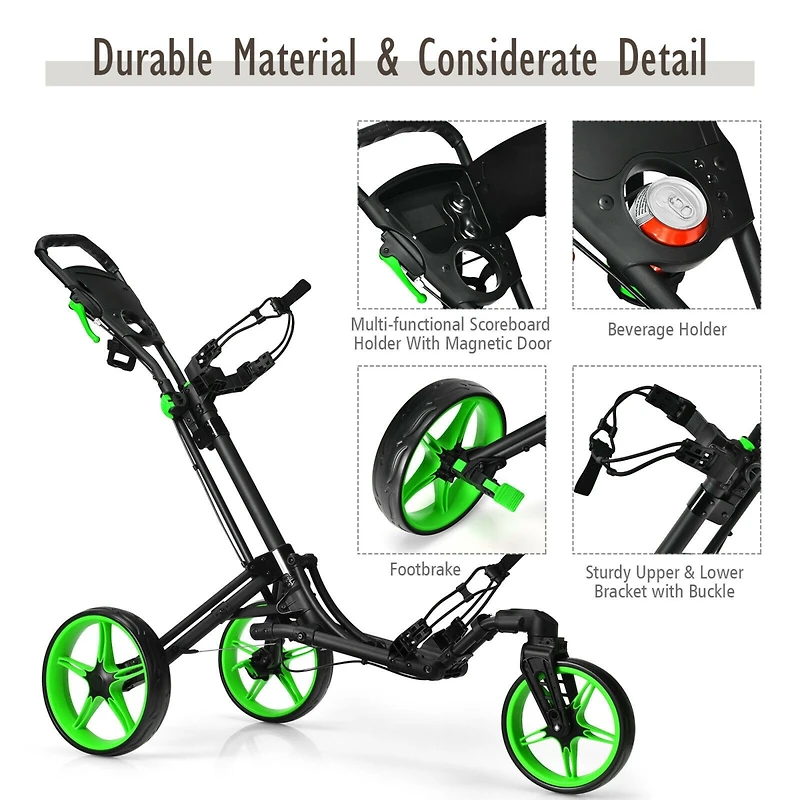 Folding Golf Push Cart with Scoreboard, Adjustable Handle, and Swivel Wheel - Green