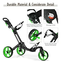 Folding Golf Push Cart with Scoreboard, Adjustable Handle, and Swivel Wheel - Green