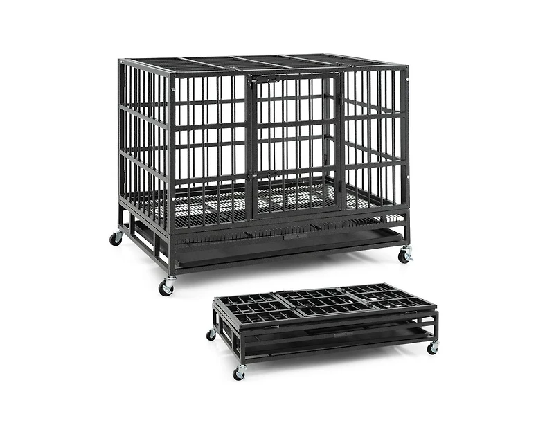 38 Inch Foldable Heavy-Duty Metal Dog Cage with Lockable Rolling Casters and Tray