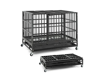 38 Inch Foldable Heavy-Duty Metal Dog Cage with Lockable Rolling Casters and Tray