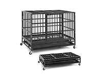 38 Inch Foldable Heavy-Duty Metal Dog Cage with Lockable Rolling Casters and Tray