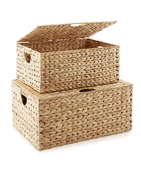 Casafield Set of 2 Water Hyacinth Storage Baskets (Medium/Large), Multipurpose Organizer Rectangular Totes with Removable Lids - Natural