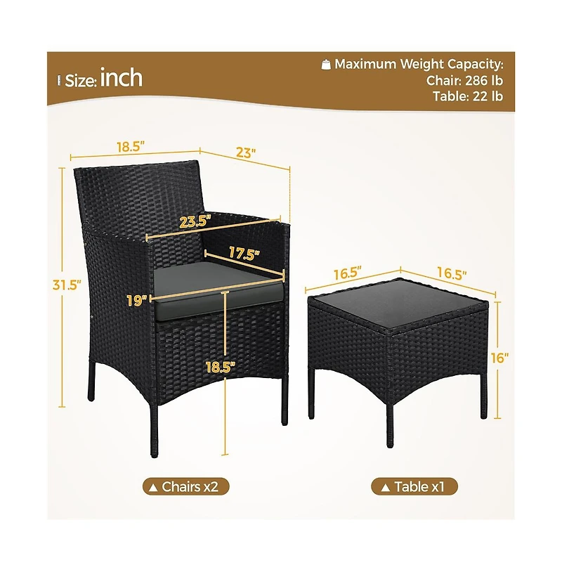 Yaheetech 3-Piece Rattan Furniture Set with 2-Piece Woven Rattan Chairs with Cushions & 1 Side Table, Black/Gray