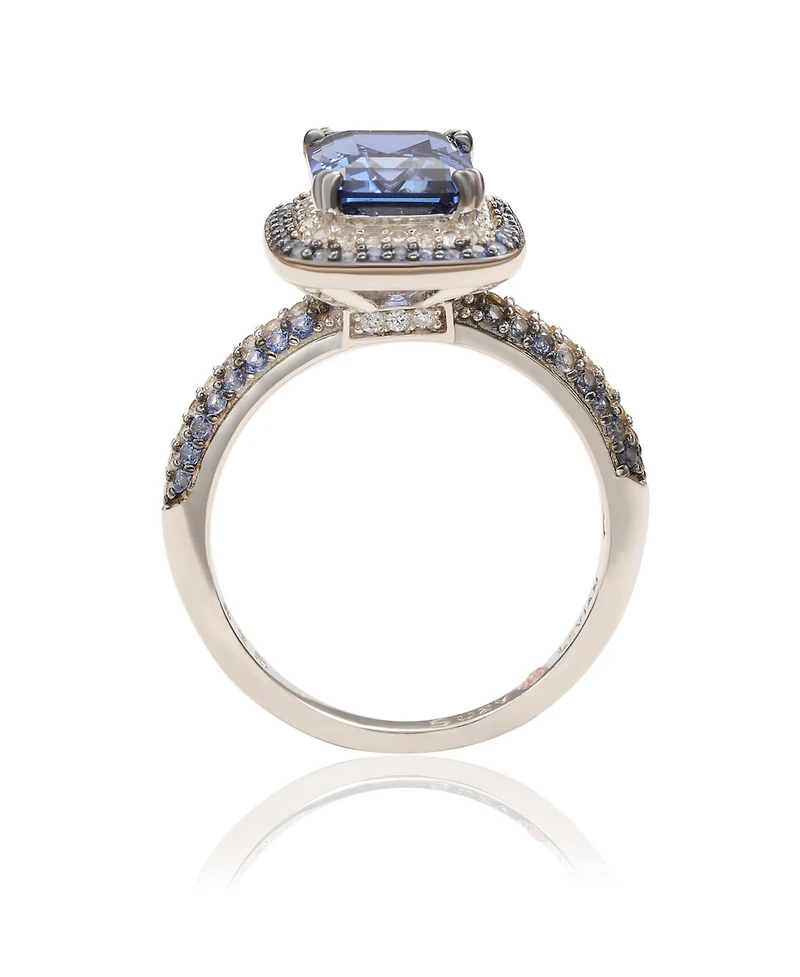 Suzy Levian Sterling Silver Sapphire and Created White Halo Ring