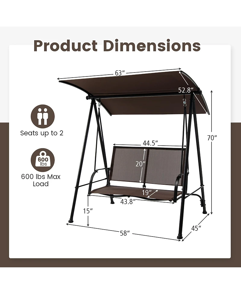 Gymax 2-Person Patio Swing Seat Bench Canopy Loveseat Outdoor