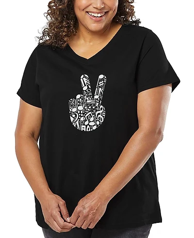 La Pop Art Plus Peace Finger Notes Word V-Neck T-Shirt