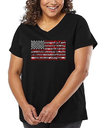 La Pop Art Plus Fireworks American Flag Word V-Neck T-Shirt