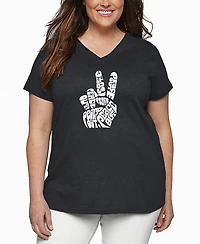 La Pop Art Plus Size Peace Out Word Art V-Neck T-Shirt