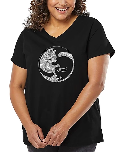 La Pop Art Plus Yin Yang Cat Word V-Neck T-Shirt