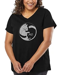 La Pop Art Plus Yin Yang Cat Word V-Neck T-Shirt
