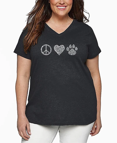 La Pop Art Plus Size Peace Love Cats Word Art V-Neck T-Shirt