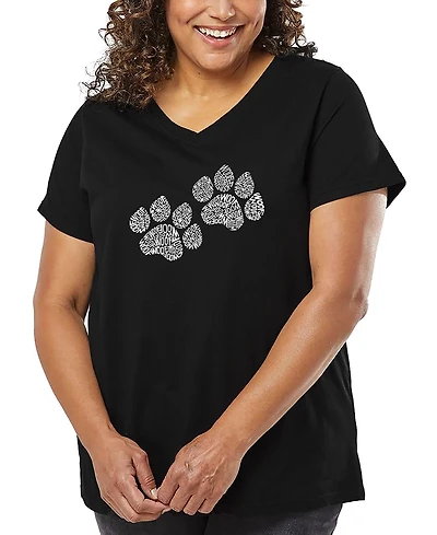 La Pop Art Plus Woof Paw Prints Word V-Neck T-Shirt