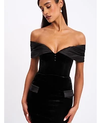 Miss Circle Women Qamra Black Velvet Off Shoulder Mermaid Maxi Dress