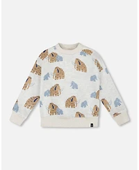 Deux par Baby Boy Long Sleeve Crew Neck Fleece Sweatshirt Beige Mammoth Print