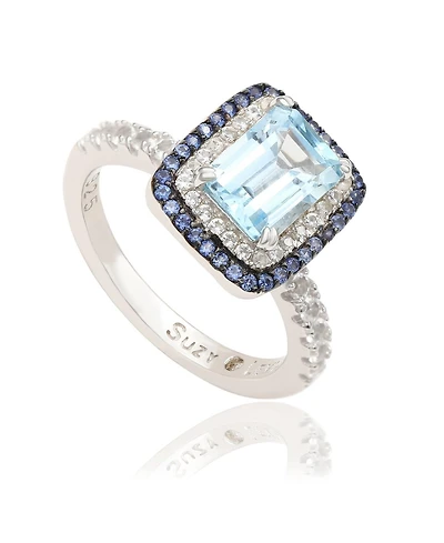 Suzy Levian Sterling Silver Emerald Cut Topaz and Sapphire Double Halo Ring