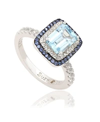 Suzy Levian Sterling Silver Emerald Cut Topaz and Sapphire Double Halo Ring