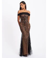Miss Circle Women's Qeturah Embroidered Sequin Off Shoulder Mesh Gown