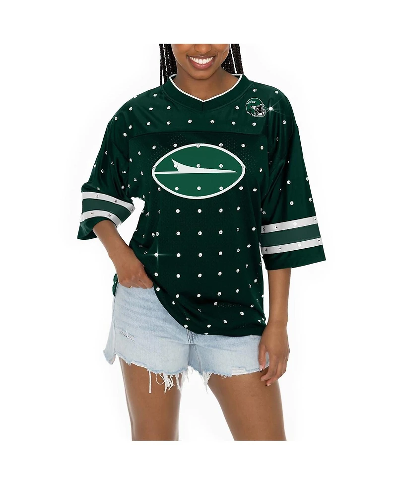 Gameday Couture Women's Green New York Jets Kickoff Time Allover Rhinestone Sports Stripe Jersey V-Neck T-Shirt