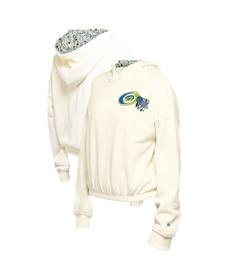 New Era Women's Cream Carolina Hurricanes Glam Game Quarter-Zip Cropped Floral Hoodie Pullover Sweatshirt
