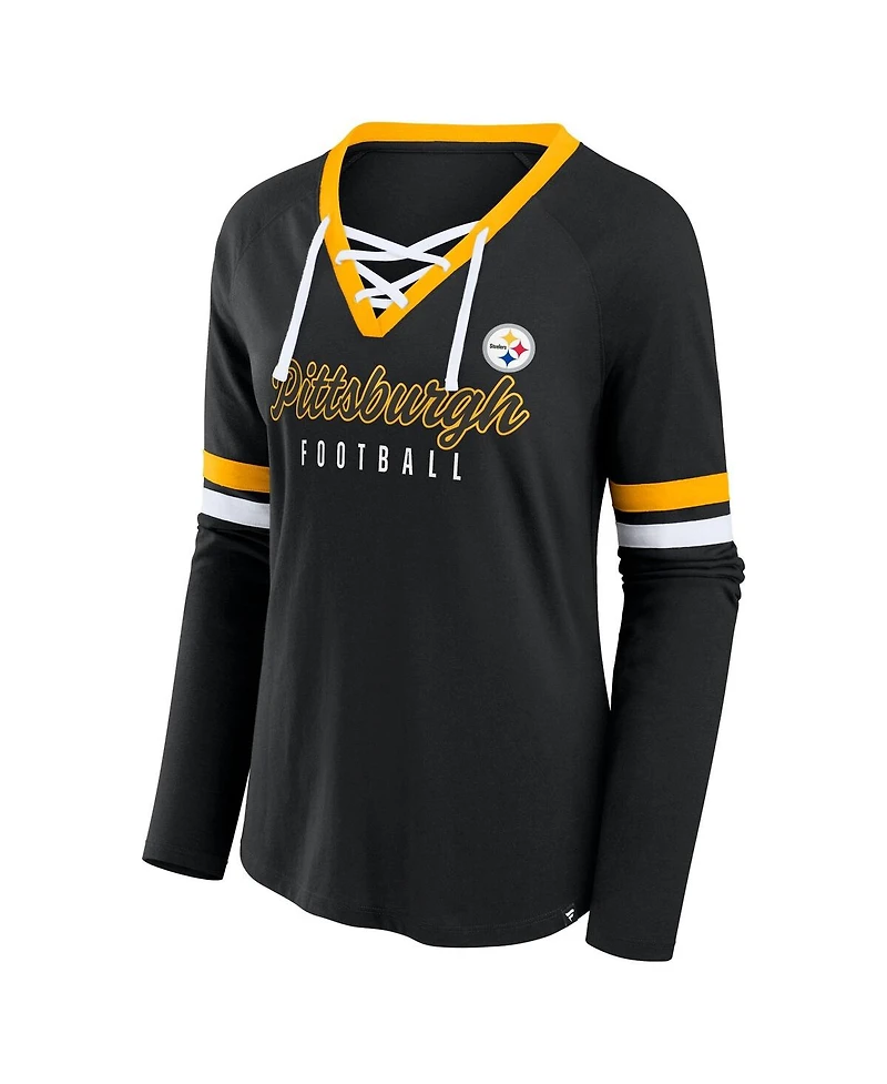 Fanatics Women's Black Pittsburgh Steelers Plus Won Done Lace-Up V-Neck Long Sleeve T-Shirt