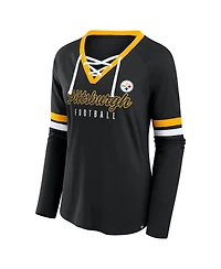 Fanatics Women's Black Pittsburgh Steelers Plus Won Done Lace-Up V-Neck Long Sleeve T-Shirt