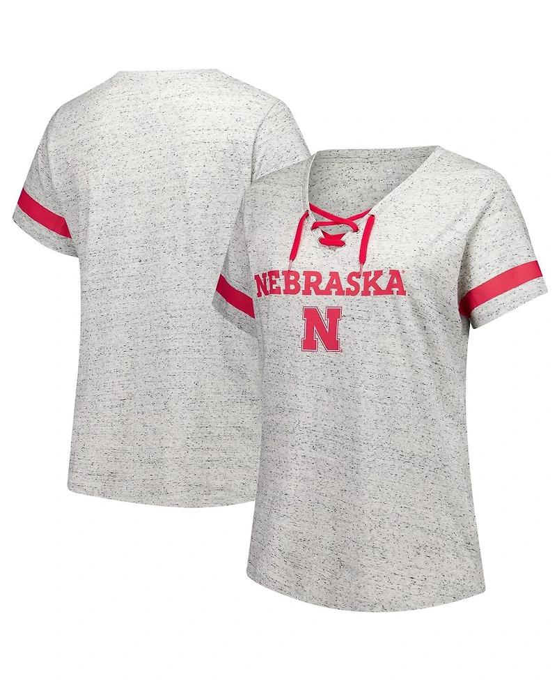Fanatics Women's Heather Gray Nebraska Huskers Plus Lace-Up V-Neck T-Shirt