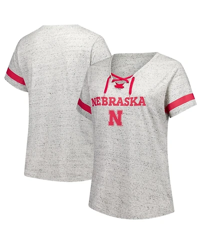 Fanatics Women's Heather Gray Nebraska Huskers Plus Lace-Up V-Neck T-Shirt