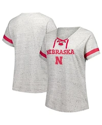 Fanatics Women's Heather Gray Nebraska Huskers Plus Lace-Up V-Neck T-Shirt