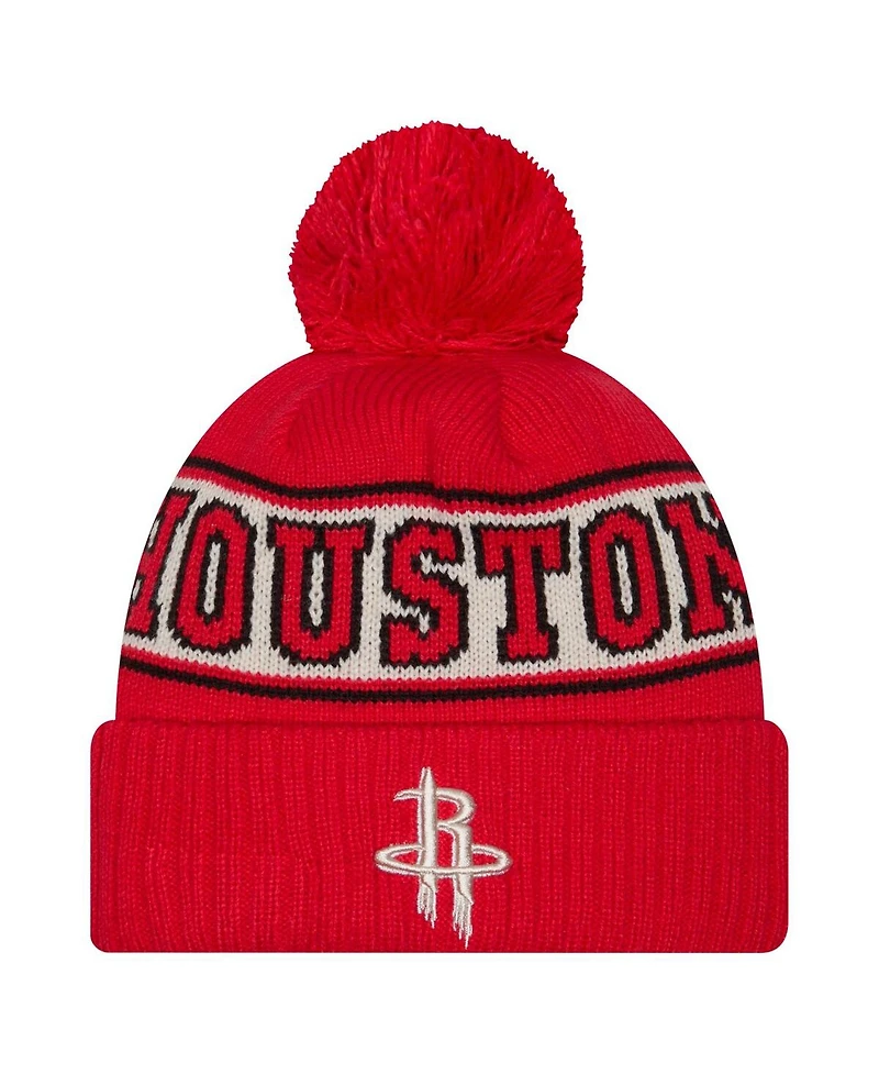 New Era Men's Red Houston Rockets Throwback Retro Cuffed with Pom Knit Hat