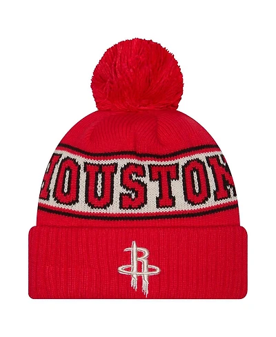 New Era Men's Red Houston Rockets Throwback Retro Cuffed with Pom Knit Hat