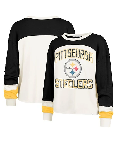 '47 Brand Women's Cream Pittsburgh Steelers Double Header Curve Raglan Long Sleeve Crop Top