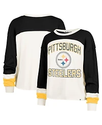 '47 Brand Women's Cream Pittsburgh Steelers Double Header Curve Raglan Long Sleeve Crop Top