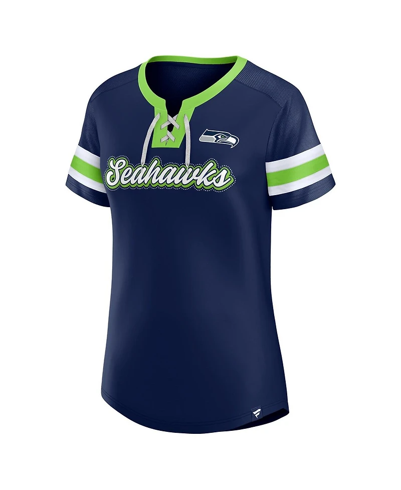 Fanatics Women's College Navy Seattle Seahawks True Catch Iconic Rhinestone Bling Athena Lace-Up T-Shirt