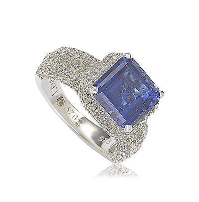 Suzy Levian New York Sterling Silver Sapphire & Created White Sapphire Emerald-Cut Ring