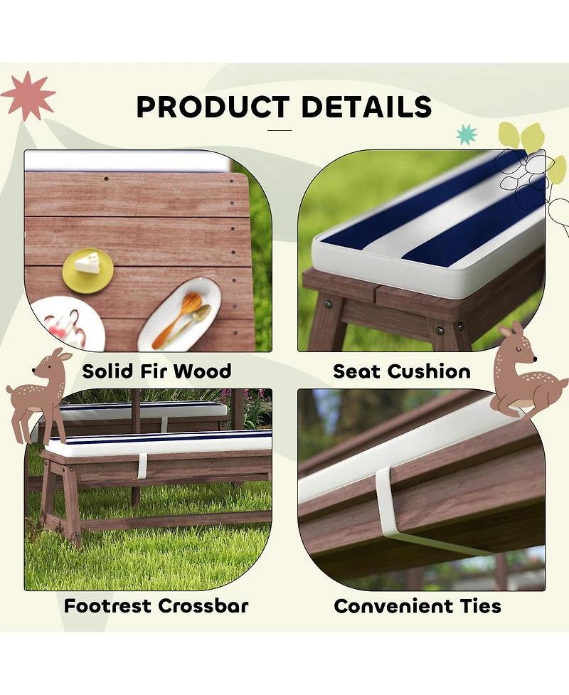Qaba Kids Picnic Table, Wooden Table & Bench Set w Cushions, Umbrella,