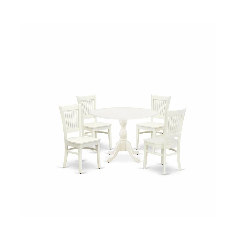 East West Furniture 5-Pc Kitchen Dining Room Set- 4 Mid Century Chair with Wooden Seat and Slatted Chair Back - Drop Leaves Round Table