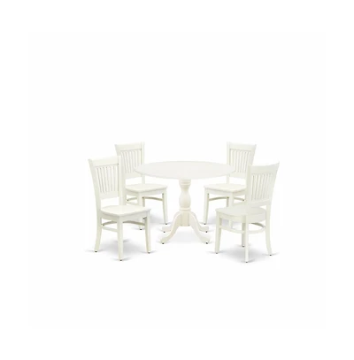 East West Furniture 5-Pc Kitchen Dining Room Set- 4 Mid Century Chair with Wooden Seat and Slatted Chair Back - Drop Leaves Round Table